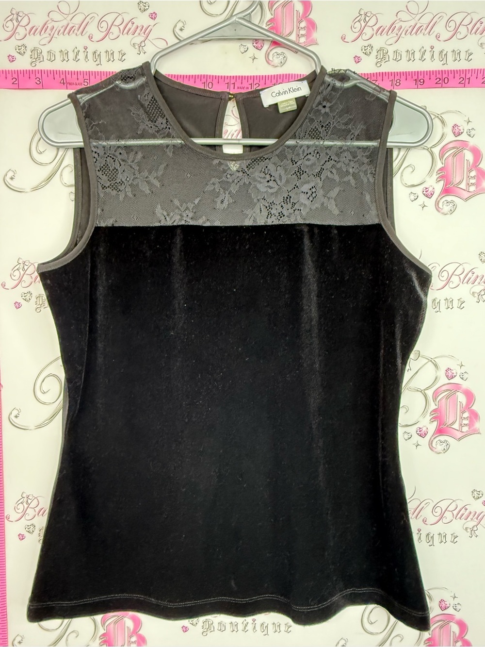 Calvin Klein tank top Black Velvet Tank with Gray Lace Yoke